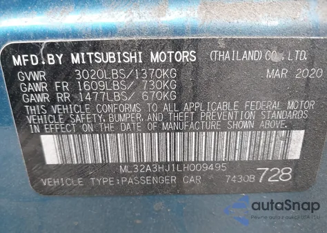 2020 Mitsubishi Mirage Es/Se z USA, uszkodzony, nr VIN ML32A3HJ1LH009495